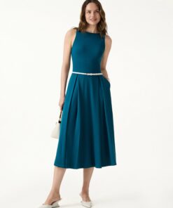 Alternative view of Boatneck Pleated Fit-and-Flare Midi Bra Dress with Pockets