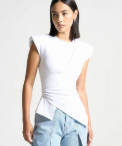 Alternative view of White Wide Shoulder Ruched Waist Top DE16