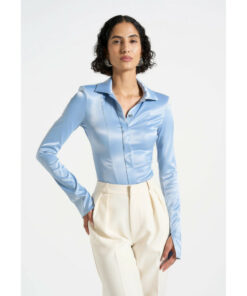 Alternative view of Blue Wide Shoulder Satin Shirt DE11