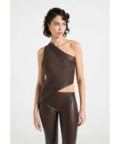 Alternative view of Brown Leather Asymmetric Backless Top DE8
