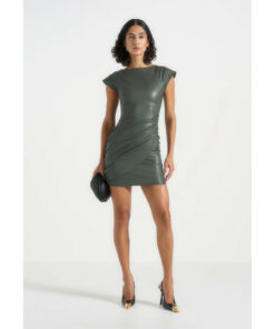 Alternative view of Green Leather Boat Neck Ruched Dress DE10